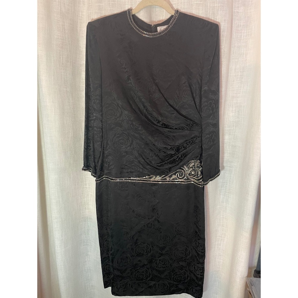 Vintage AJโ Bari Beaded Evening Dress Black Silk Rose Jacquard Size 12